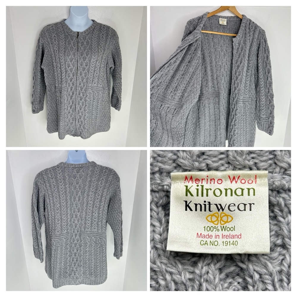 Kilronan‎ Knitwear Sweater Womens XXL Gray 100% Wool Full Zip Cardigan Ireland